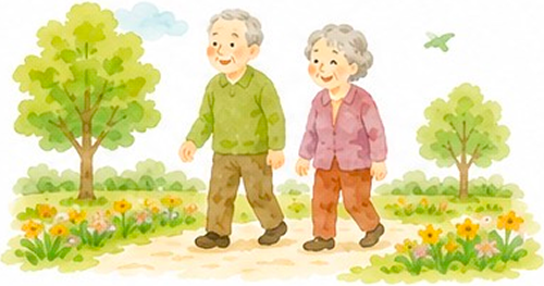 ご年配の男女が草木の生えた道を散歩するイラスト