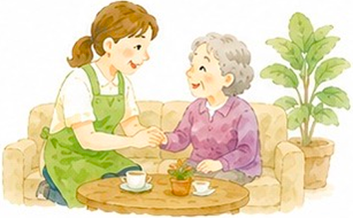 スタッフとご年配の女性が、ソファに座って談笑するイラスト
