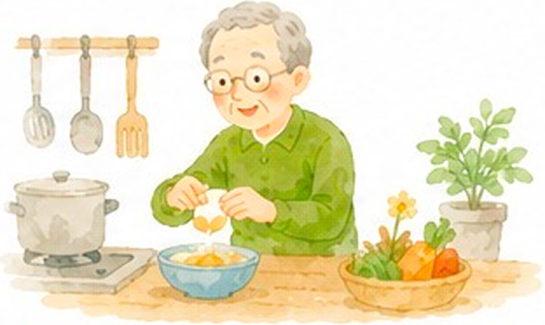 ご年配の男性が、キッチンで料理をするイラスト