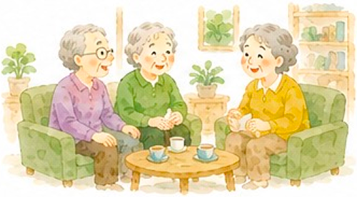 ご年配の女性方がリビングで椅子に腰掛けて、お茶を楽しんでいるイラスト